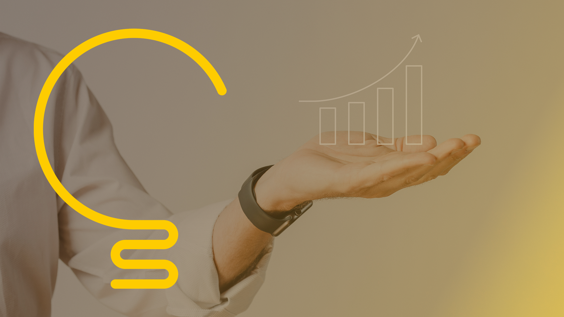 Slide 3 com a Logo da Lus contabilidade grande em amarelo e uma mão estendida com um gráfico ascendente